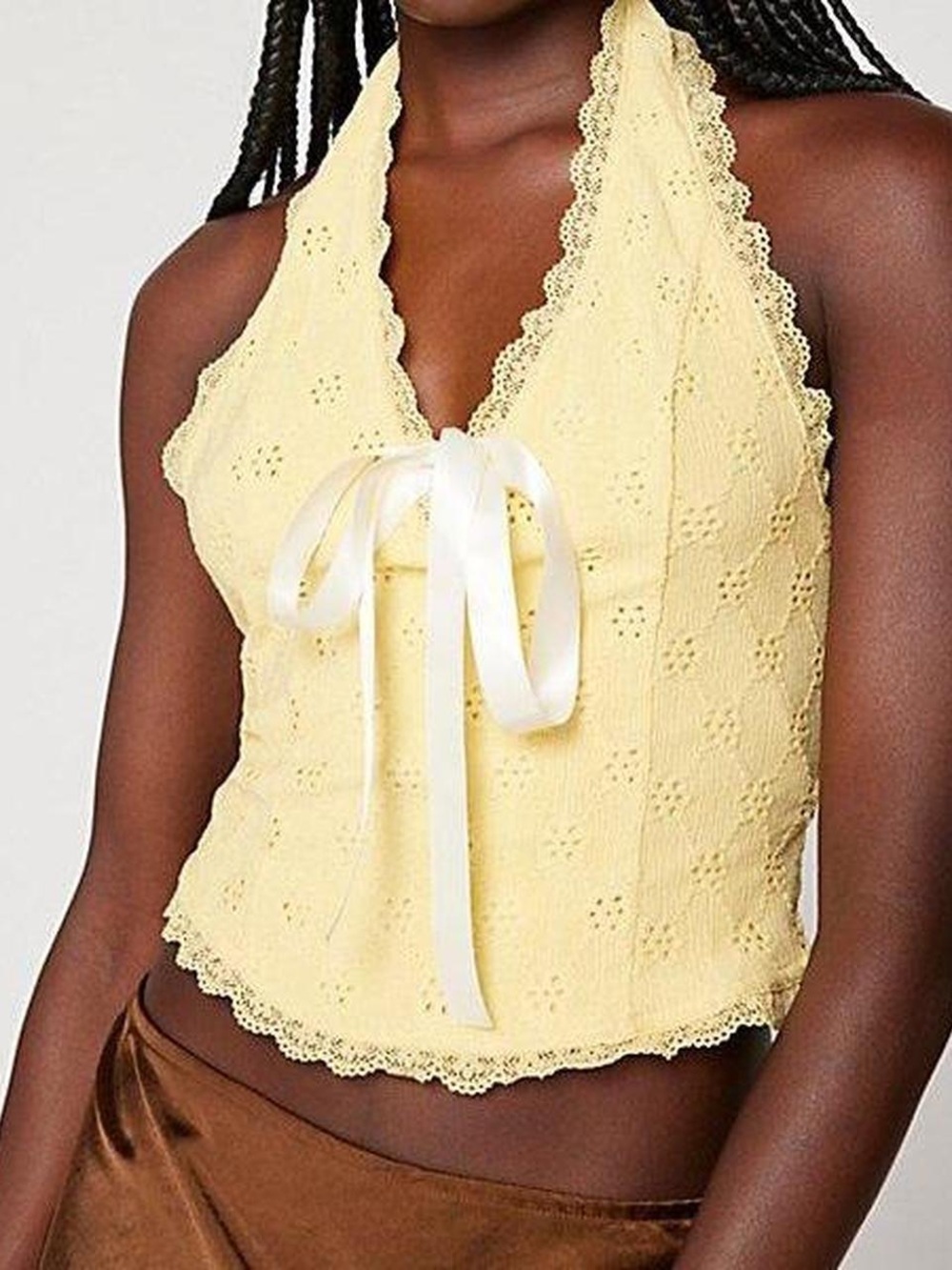 Delicate Lace-Trim Halter Top in Pale Yellow